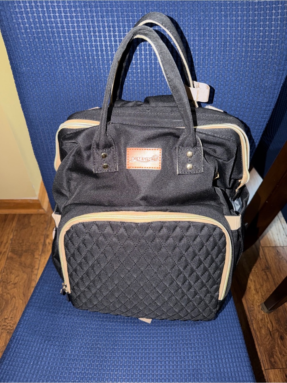 ROSEGIN Black Quilted Multi-functional Diaper Bag Backpack